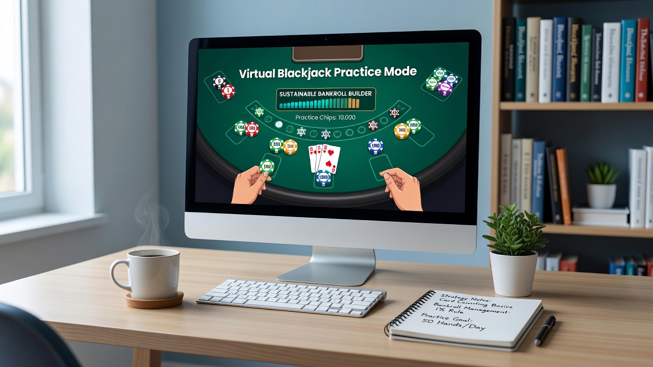 Analyse-Dashboard eines virtuellen Blackjack-Übungsmodus mit Bankroll-Tracking und Strategie-Feedback