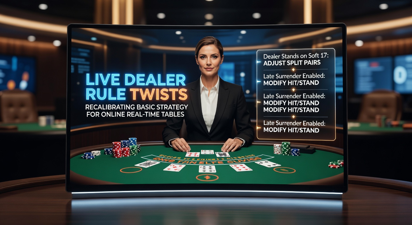 Live-Dealer-Tisch mit Karten und Chips in Echtzeit-Übertragung, der typische Regelvariationen zeigt