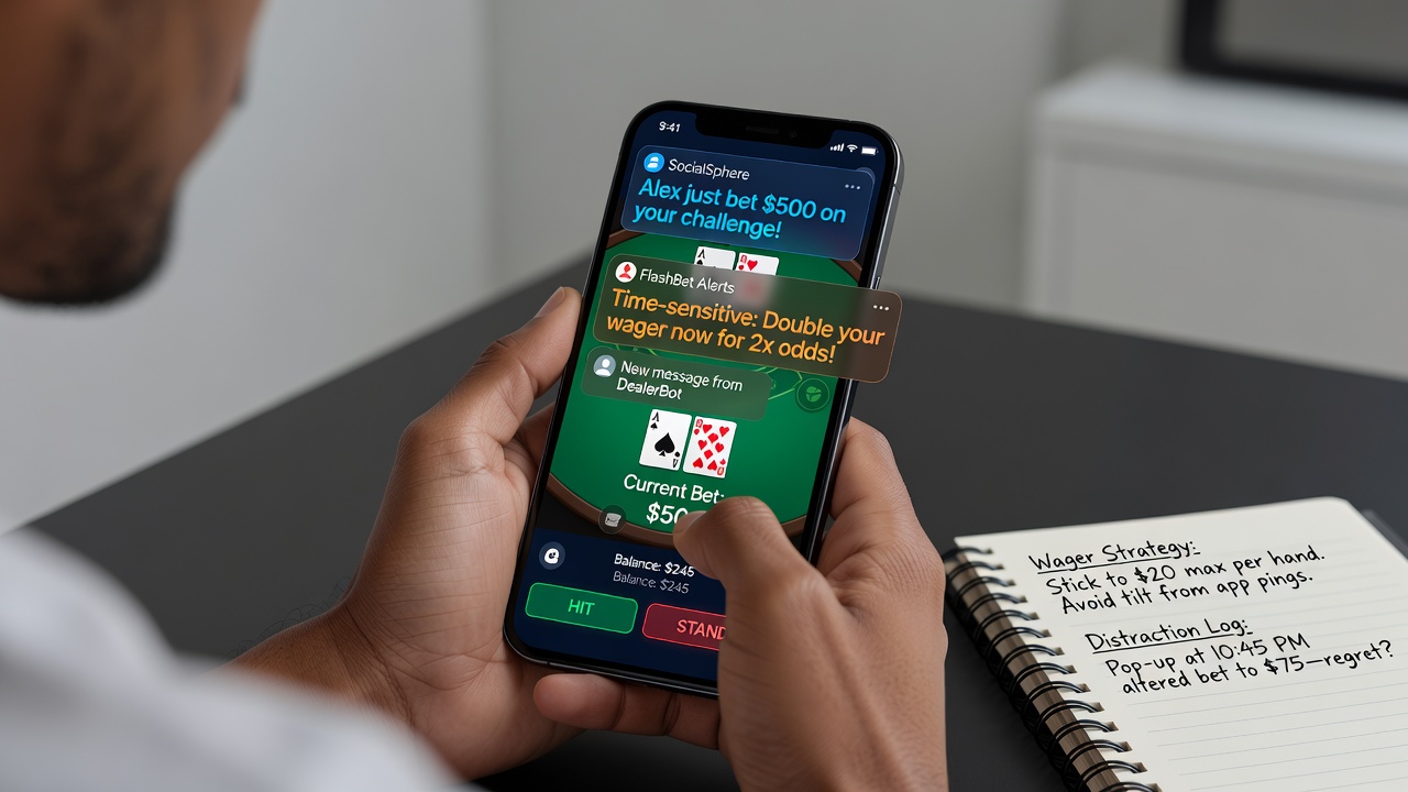 Spieler am Smartphone mit Blackjack-App und eingehenden Benachrichtigungen