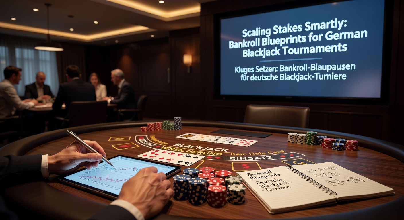 Spieler am Blackjack-Tisch in einem deutschen Casino-Turnier, umgeben von Chips und Karten