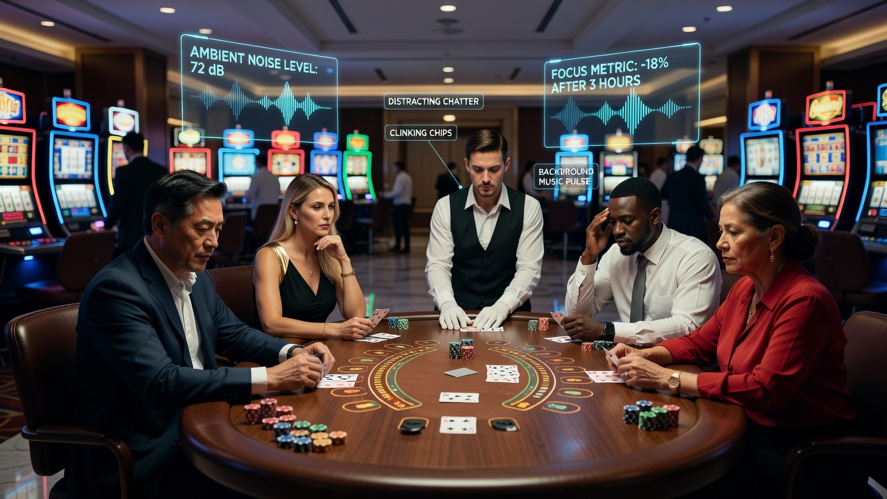 Blackjack-Spieler in einer lauten Casino-Umgebung mit Fokus auf Konzentration