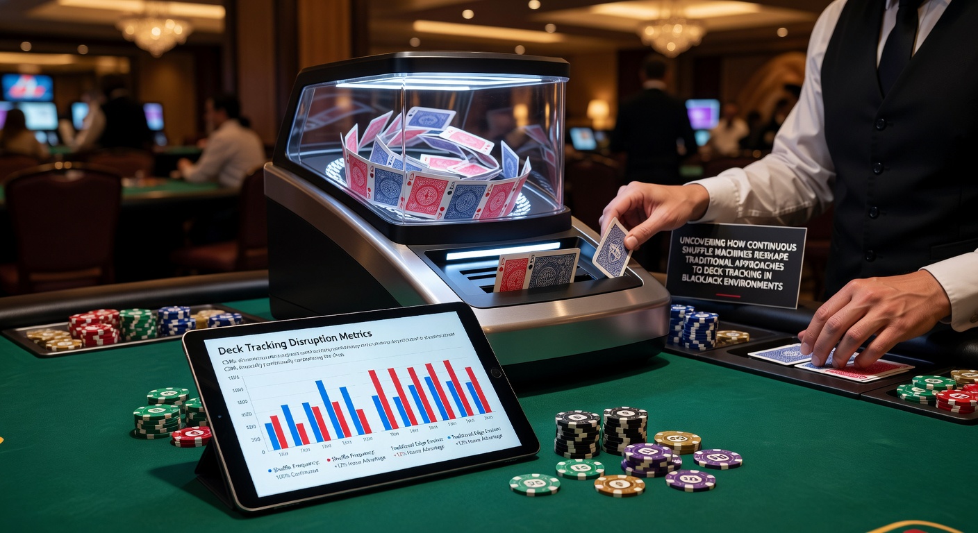 Darstellung eines Continuous Shuffle Machines am Blackjack-Tisch mit Karten und mechanischem Shuffler